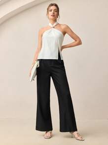 BizChic 白色露背金属装饰下摆开衩无袖上衣，时尚优雅，都市通勤日常浪漫90年代复古风，适合圣诞节、新年、情人节、派对、海滩、毕业典礼、时尚、嘉年华、假日、婚礼宾客、早午餐、机场等多种场合。 - 白色 - 查看 6