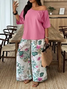 Breezaya 随机印花休闲/假日风大码女式纯色不对称肩部上衣和热带植物印花长裤两件套 - 彩色 - 查看 4