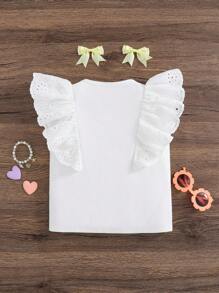 SHEIN Young Girl Casual Minimalist Comfortable Round Neck Ruffled Sleeve T-Shirt - White - View 7