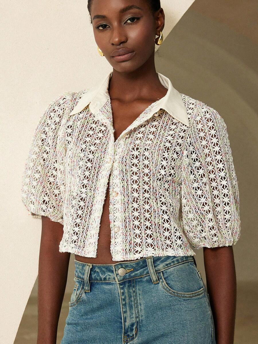 BELROSIE Women's Crochet Textured Fabric Collared Puff Sleeve Blouse With Pearl Buttons, Elegant Versatile Retro French Style Short Sleeve Shirt - Multicolor - View 1