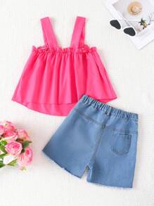 2件套女童棉质钩针花朵吊带背心和牛仔短裤套装 - 粉色 - 查看 2