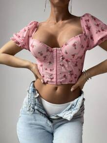 1 件女士花卉印花甜心领短款泡泡袖性感吊带背心 - 粉色 - 查看 3