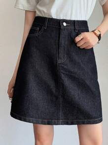 DAZY Women's Summer Knee Length Casual Denim A-Line Skirt Jeans Skirt - Dark Wash - View 1