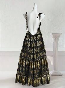 Breezaya Boho 女式 V 领性感优雅露背交叉系蝴蝶结金箔花卉印花波西米亚海滩连衣裙，荷叶边下摆无袖 2025 春夏新款演唱会服装毕业婚礼嘉宾晚礼服生日礼服演唱会服装女式长款连衣裙 - 黑色 - 查看 8