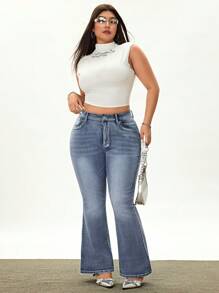 SHEIN EZwear Plus Size Women Pockets Flared Casual Versatile Jeans - Blue - View 5