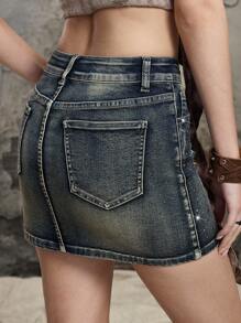 ROMWE Grunge Punk Váy denim mini gợi cảm Y2K Vintage Street Style cạp thấp đính đá trang trí - Màu xanh lam - Xem 3