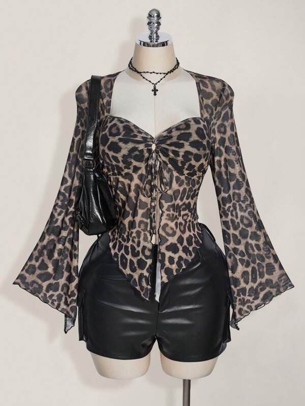 SHEIN ICON Blusa sexy de cuello cuadrado con mangas acampanadas, lazo delantero y estampado de leopardo en tallas grandes
