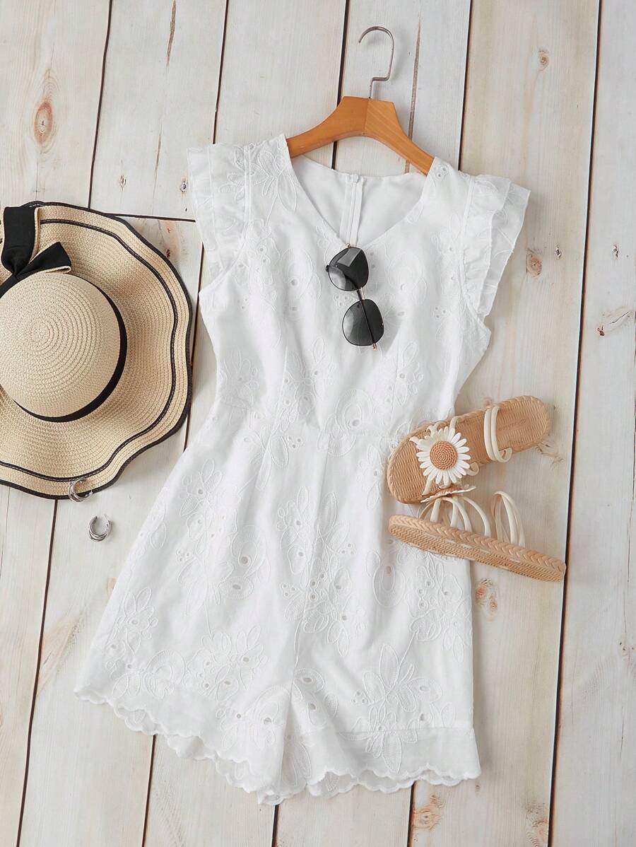 INAWLY 女式夏季度假休闲V领盖袖波西米亚风连体裤 - 白色 - 查看 1