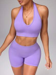 SHEIN Sports 2 件套运动胸罩和短裤，吸湿排汗面料，工字背设计，罗纹纹理，基本款紫色，健身/瑜伽运动套装，无缝健身女式套装