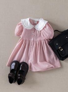 PrepCrw 女宝宝学院风粉色条纹拼布彼得潘领泡泡袖连衣裙