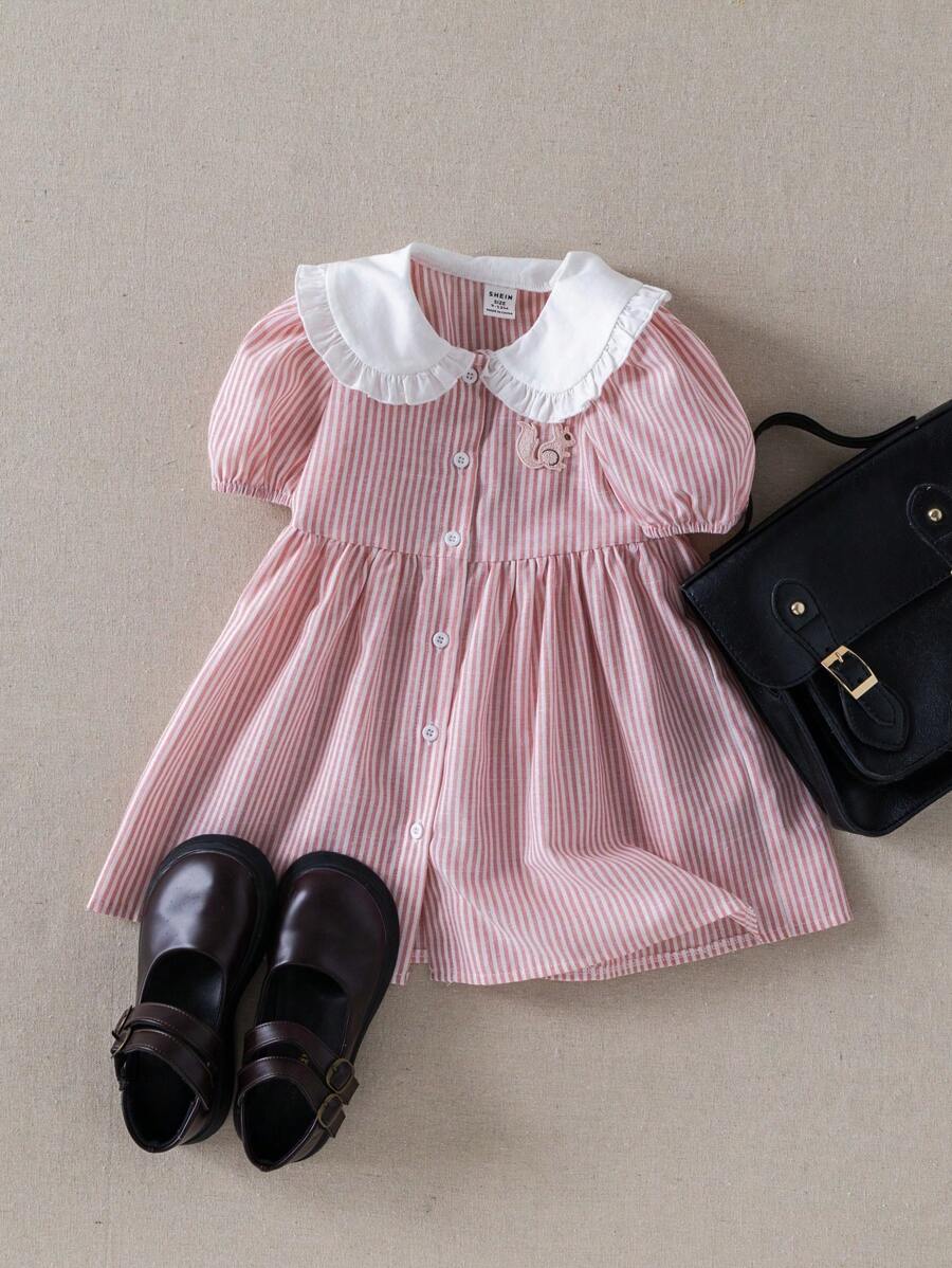 PrepCrw 女宝宝学院风粉色条纹拼布彼得潘领泡泡袖连衣裙