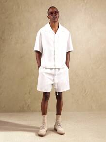 SUMWON Premium Summer Linen Feel Resort Vacation Two-Piece Boxy Short Sleeve Button Down Lounge Set - White - View 7