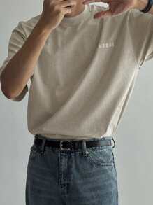 DAZY Men's Letter Print Beige Round Neck Drop Shoulder Short Sleeve Casual T-Shirt, Summer - Beige - View 3