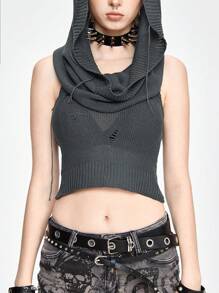 ROMWE Grunge Punk Sudadera con capucha delgada de punto con diseño calado para tallas grandes estilo Y2K