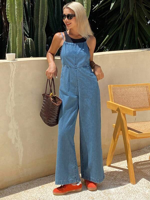 DAZY Salopetă de vară pentru femei, din denim lejer, cu bretele încrucișate la spate