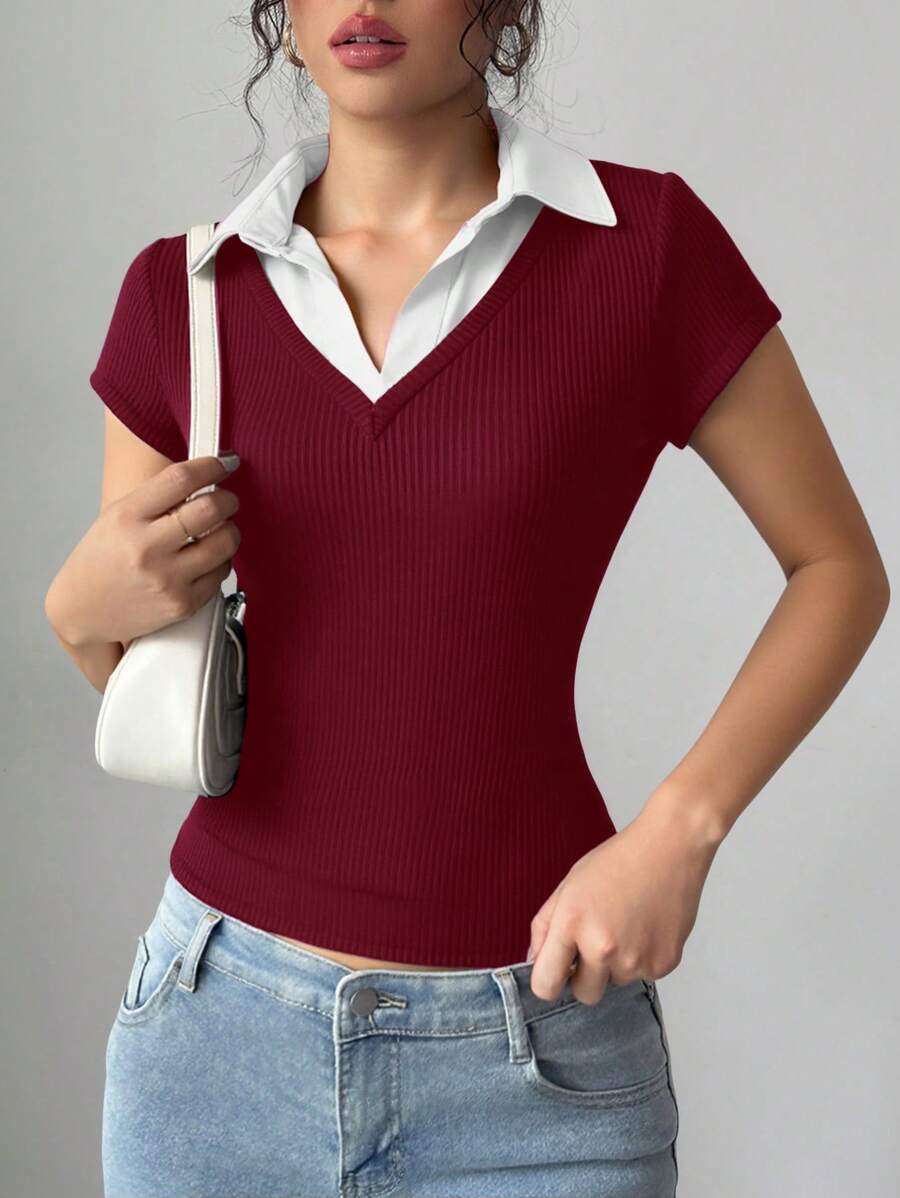 Chiquease Rafferiza 女士休闲通勤优雅商务休闲度假舒适成熟优雅性感 V 领蓝色拼接二合一面料高弹修身春夏学院风老钱风格深蓝色 Anouk Yve 短袖 T 恤 - 酒紅色 - 查看 1