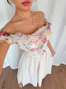 SHEIN Unity Women's Elegant Romantic Ruched Mesh Floral Off Shoulder A-Line Dress - Multicolor - View 6