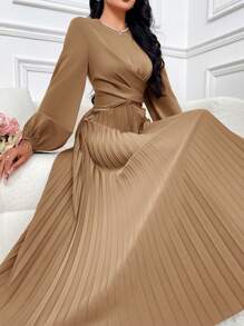 Modelyn 优雅纯色腰部褶饰长袖女式阿拉伯风格连衣裙