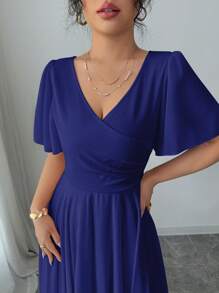 Elenzga 优雅 V 领荷叶边 A 字形腰荷叶边袖浪漫精致女士连衣裙 - 寶藍色 - 查看 7