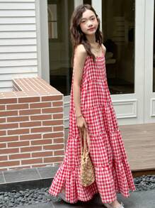 DAZY 少女梭织格子吊带裙，夏季 - 紅色 - 查看 5