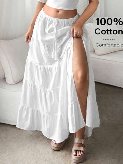 Auralis Falda maxi de talla grande 2025 de estilo bohemio para mujer, de mezcla de lino con abertura alta, con cintura elástica y ribete de encaje, esencial para festivales de música y vacaciones, Día de San Valentín