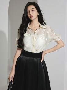 Heiryn 女士优雅通勤3D花卉刺绣衬衫 - 米色 - 查看 3