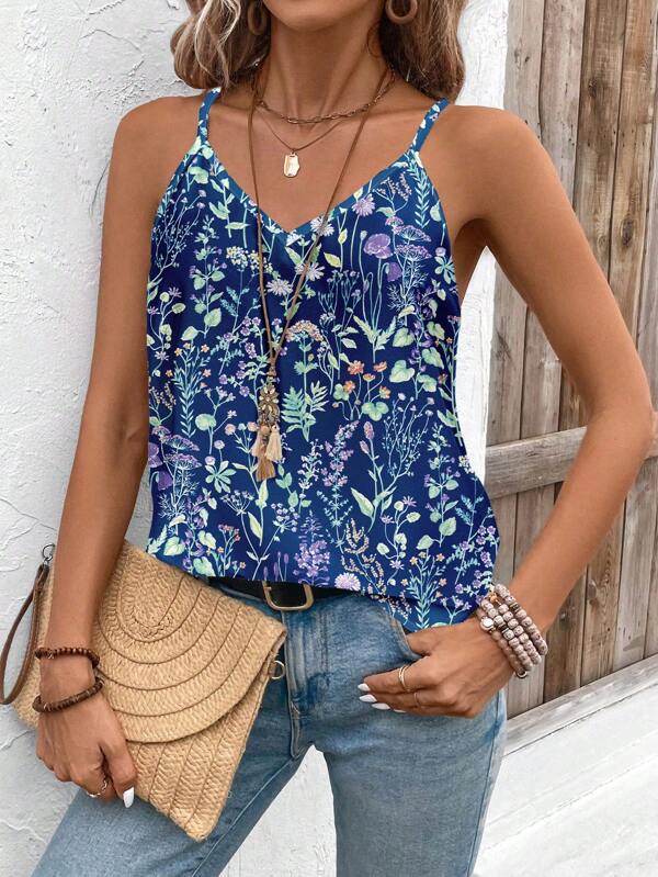 SHEIN LUNE Maiou casual simplu, albastru, cu imprimeu floral, cu decolteu în V, potrivit pentru vară
