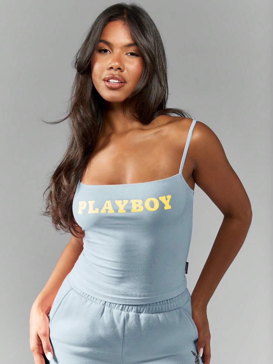 Missguided x Playboy 经典背心吊带夏季基本款运动休闲家居服时尚街头上衣运动装细肩带训练吊带背心 - 藍色 - 查看 1
