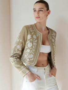 Aveloria Modichic Stylish Unique High-End Colorblock Short Jacket For Women, Featuring Elaborate Embroidery Pattern And Round Neck, Versatile Design