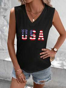 EMERY ROSE 美国独立日美国国旗字母印花极简黑色修身V领背心，适合大码女性，夏季百搭印花上衣 - 黑色 - 查看 3