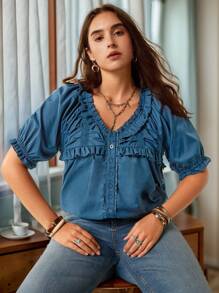SHEIN LUNE Plus Size Women Slouchy Casual Style Summer Fourth Of July Women Cozy Fit Sweet Blouse Holiday Teacher Boho Graduation Blouse Beach Vacation - Blue - View 9