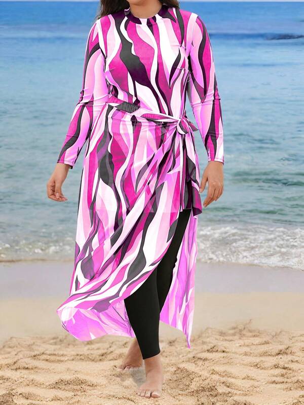 Swim Shayni 3pcs/Set Plus Size Women Geometrical Print Mid-Length Top, Matching Long Mesh Skirt & Solid Color Long Pants, Conservative Middle Eastern Modest Swimsuit Set