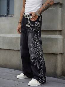 ROMWE MEN Street Life 男士闪亮花卉水钻口袋宽腿宽松牛仔裤 - 黑色 - 查看 4