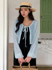 DAZY 女式前开腰带纯色T恤，适合夏季分层穿着，学院风上衣，长袖女式上衣