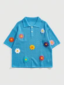 ROMWE MEN Casual 男士刺绣花卉图案宽松落肩镂空针织 Polo 衫，非常适合度假 - 藍色 - 查看 1