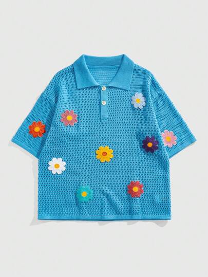 Street Life قميص بولو مطرز بأنماط زهرية فضفاض مع كتف متدلي منسوج مع تصميم فتحات مناسب للرجال، رائع للعطلة