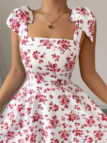 Elenzga 全新碎花肩部蝴蝶结腰部 A 字形休闲优雅度假迷你连衣裙，适合女士 - 紅色 - 查看 6