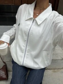 Muchica Fall Women Clothes Stockholm Style Airport For Women Casual Drop Shoulder Zip Up Linen Jacket Women - White - View 6