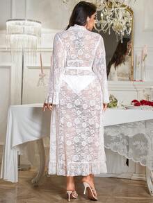 SHEIN Plus Size Lace Ruffle Hem Sexy Sheer Long Sleeve Robe White Lace Robe Bridal Robe Set Mesh Robe Sheer Robe - White - View 2