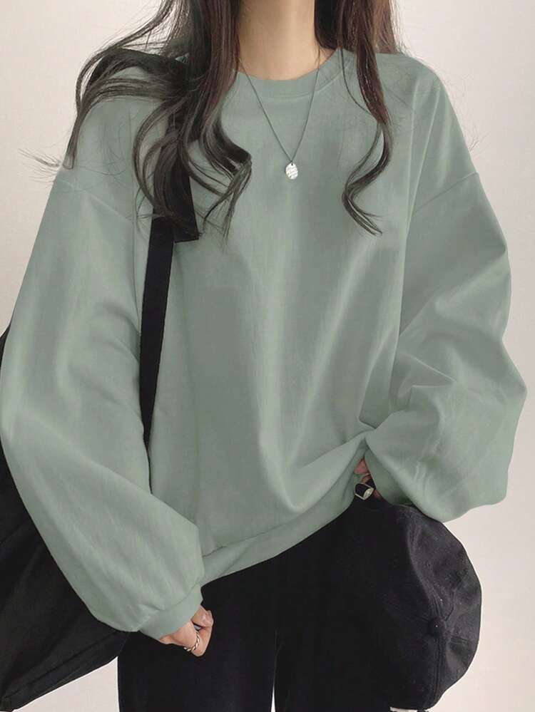 Solid Color Round Neck Loose Fit Casual Sweatshirt With Drop Shoulder,Fall Clothes