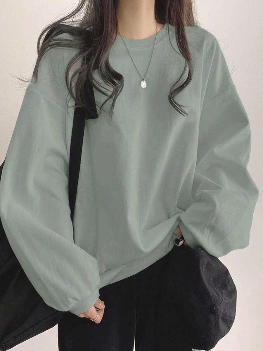 DAZY Solid Color Round Neck Loose Fit Casual Sweatshirt With Drop Shoulder,Fall Clothes - Green - View 1