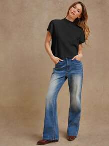 WESTFADE Mock Neck Short Sleeve Rib Knit Chest Pocket Sweater Top Western Wear Women - Black - View 5