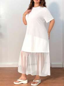 SHEIN EZwear 大码纯色圆领短袖落肩休闲春夏网眼连衣裙 - 白色 - 查看 3