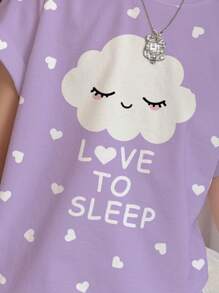 青少年女孩休闲简约云朵图案圆领短袖短裤睡衣套装，适合夏季 - 彩色 - 查看 3