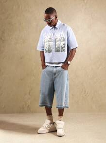 SUMWON Chemise boutonnée à manches courtes de style urbain décontracté, imprimé , coupe ample - Bleu azur - Voir 4