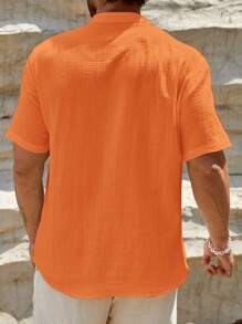 HIMLAND 宽松男士短袖梭织休闲衬衫男士亚麻衬衫橙色男士衬衫杏色男士衬衫男士夏季上衣V领男士衬衫，老款 - 橘色 - 查看 2