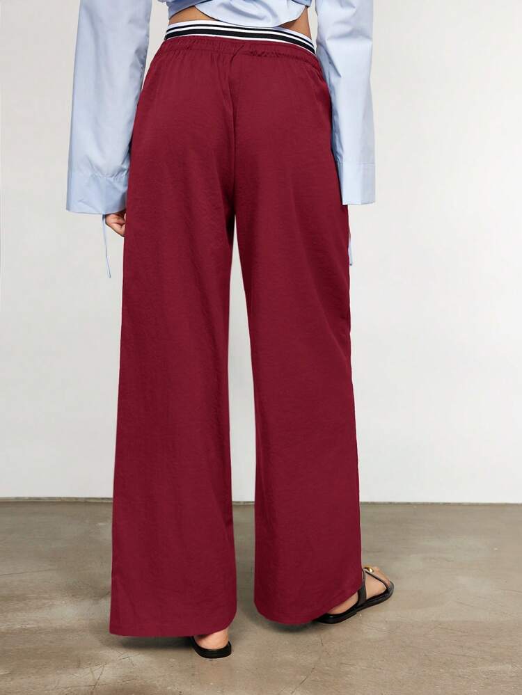 SHEIN Maija Burgundowe spodnie z wysokim stanem i szerokimi nogawkami, wygodne i miękkie, modne spodnie casualowe o stylowym wzornictwie, odpowiednie dla kobiet do biura, dojazdów do pracy, imprez towarzyskich, przyjęć, do noszenia na co dzień jesienią