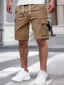 Manfinity Homme Men's Solid Color Elastic Waist Drawstring Pocket Casual Cargo Shorts - Khaki - View 5