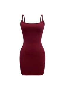 INAWLY Women Solid Color Simple Casual Spaghetti Strap Dress - Burgundy - View 3