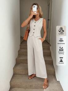 SHEIN LUNE 女士休闲条纹无袖上衣和条纹裤套装节日夏季波西米亚风复古货币女士夏季服装春假狂欢服装节日春假服装棉质 - 杏色 - 查看 4